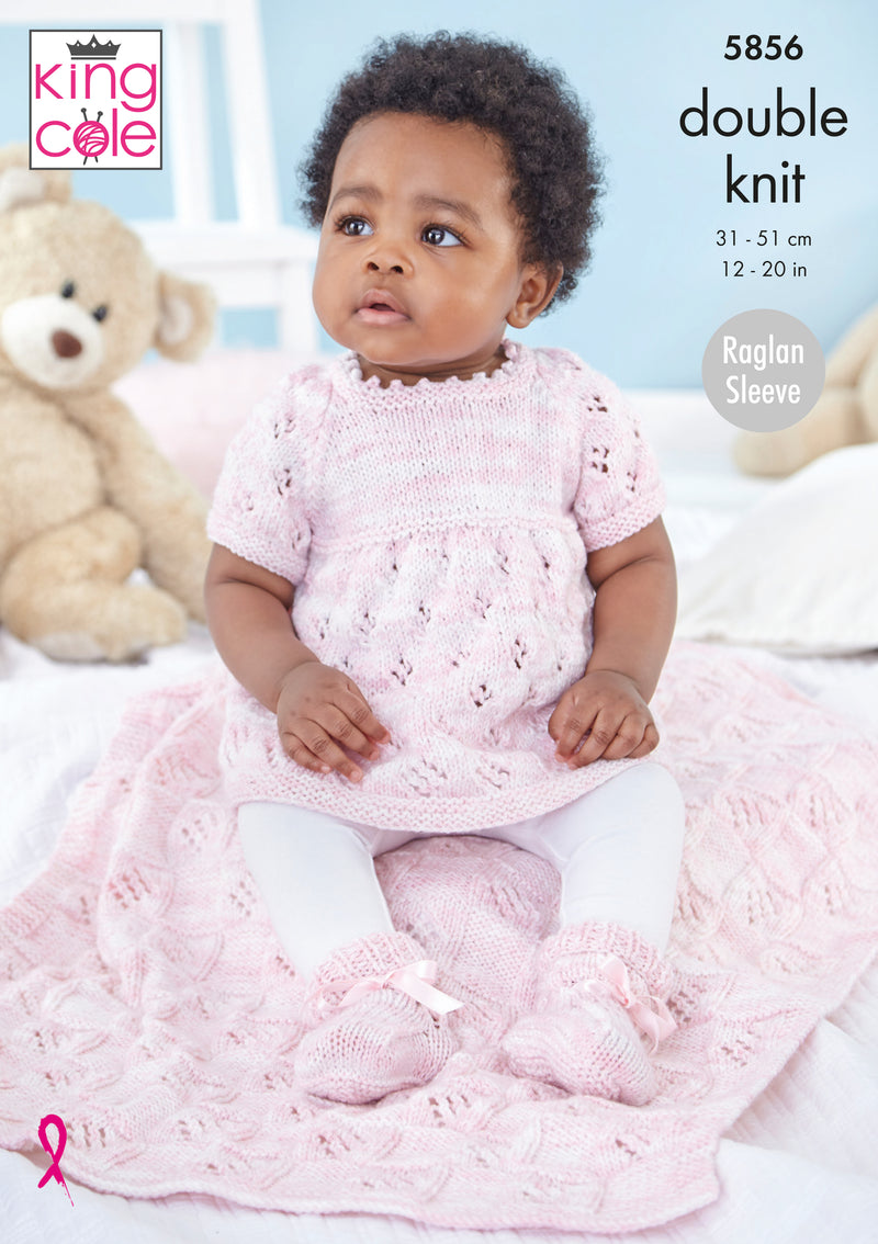 King Cole 5856 DK Baby Knitting Pattern - Dress, Cardigan, Blanket & Bootees (Prem-12mnths)