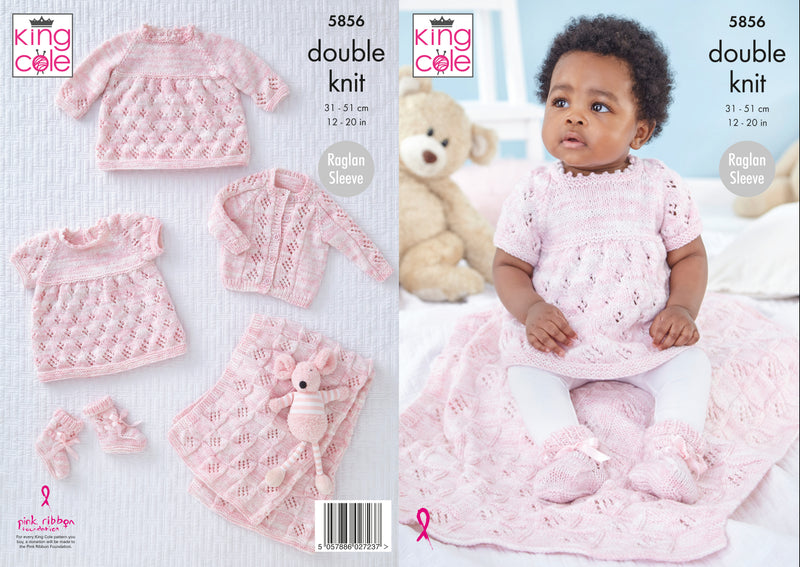 King Cole 5856 DK Baby Knitting Pattern - Dress, Cardigan, Blanket & Bootees (Prem-12mnths)