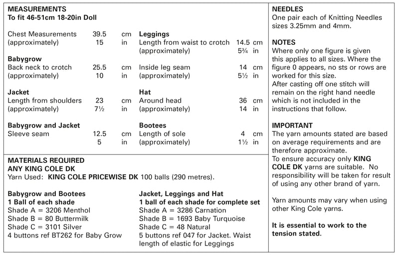 King Cole 5923 Doll Knitting Pattern - Dolls Clothes