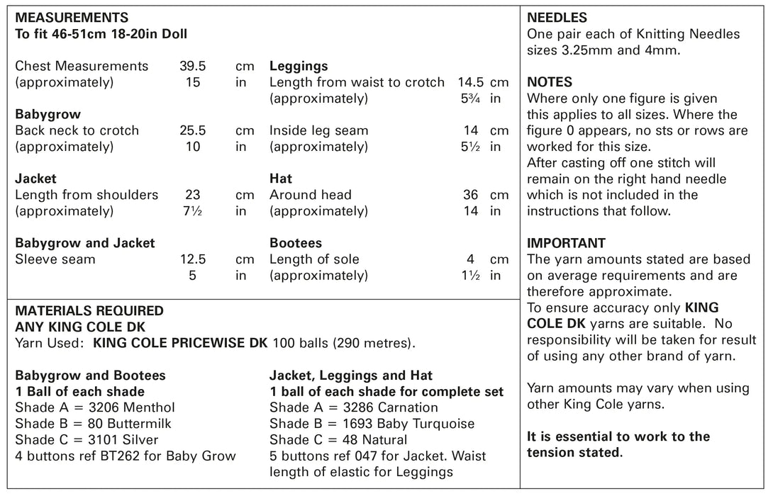 King Cole 5923 Doll Knitting Pattern - Dolls Clothes