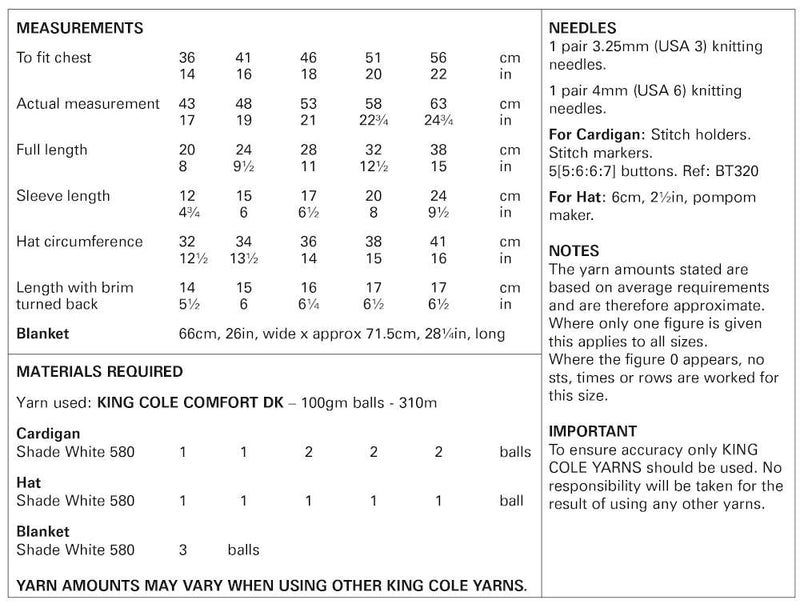 King Cole 5926 yarn requirements and measurements