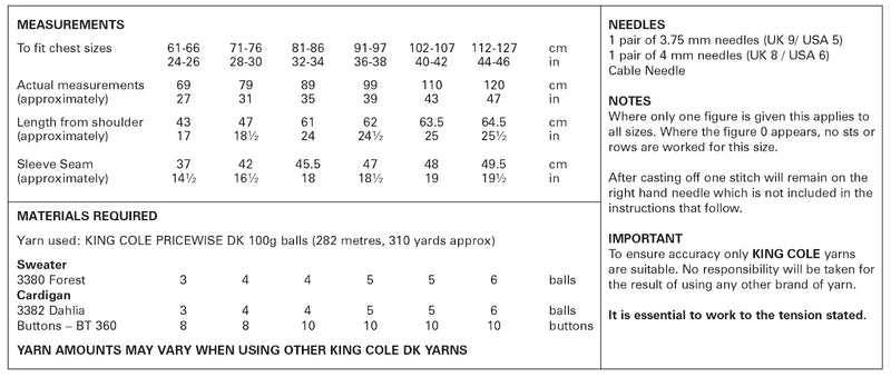 King Cole 5938 DK Knitting Pattern - Sweater & Cardigan (24-46in)