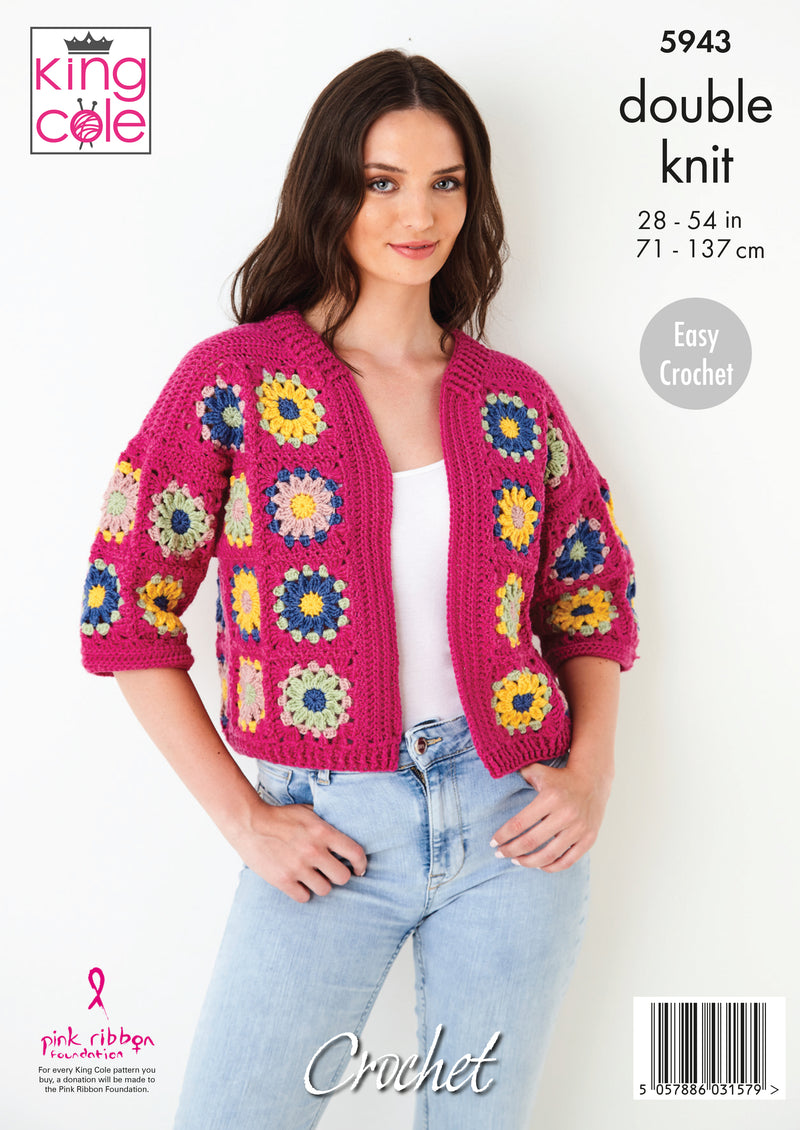 King Cole 5943 Easy CROCHET Pattern - Ladies Granny Square Cardigans (28-54in)