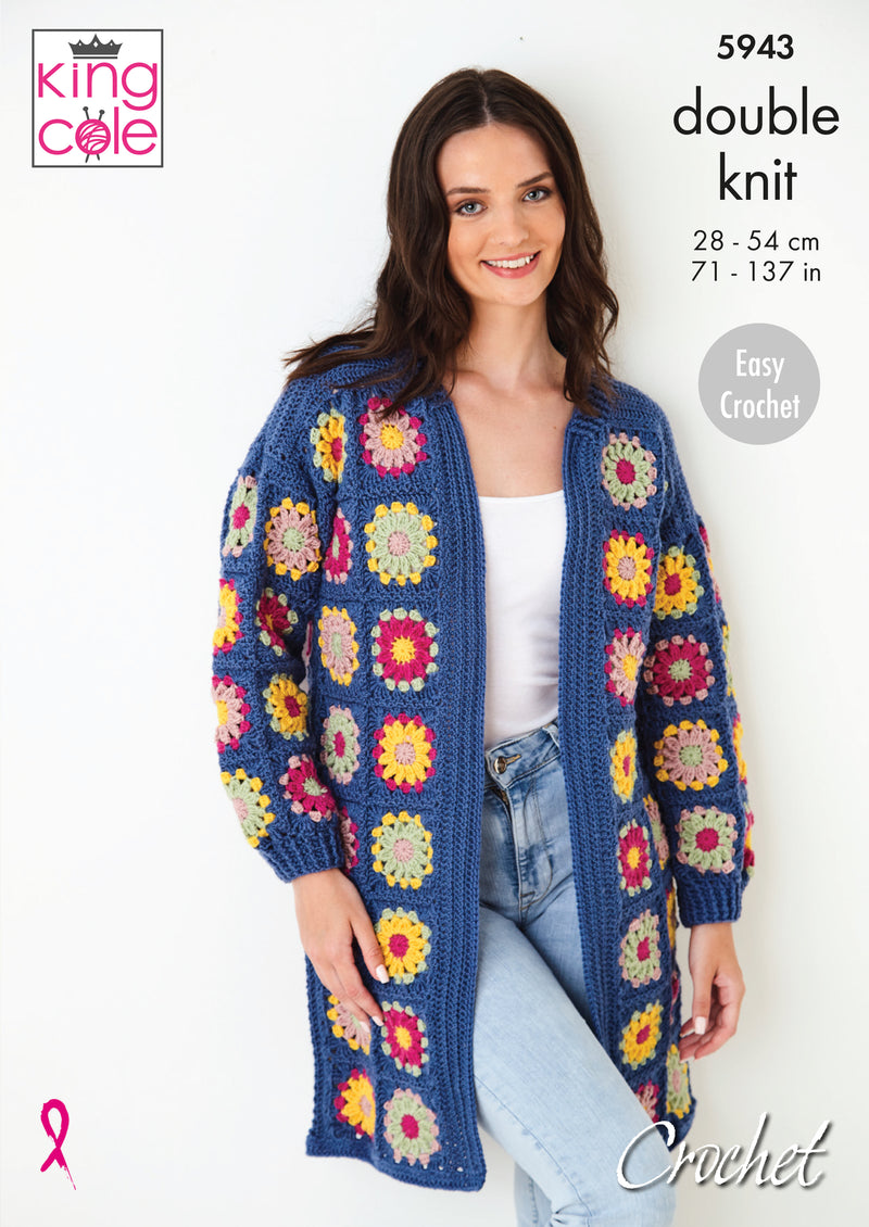 King Cole 5943 Easy CROCHET Pattern - Ladies Granny Square Cardigans (28-54in)