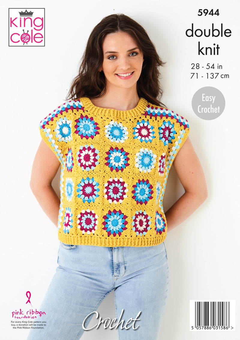 King Cole 5944 Easy CROCHET Pattern - Ladies Granny Square Jumper & Top (28-54in)