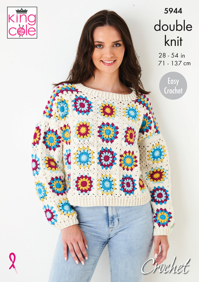 King Cole 5944 Easy CROCHET Pattern - Ladies Granny Square Jumper & Top (28-54in)