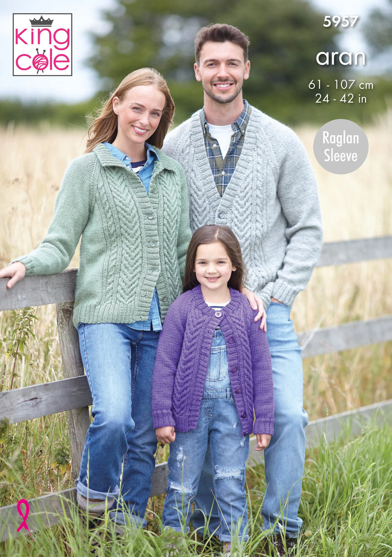 King Cole 5957 Aran Knitting Pattern - Men, Women & Children's Cardigans (24-42in)