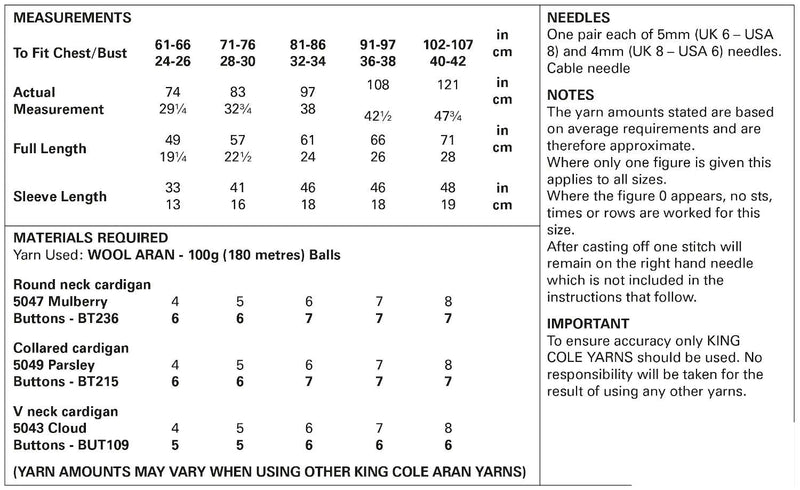 King Cole 5957 Aran Knitting Pattern - Men, Women & Children's Cardigans (24-42in)