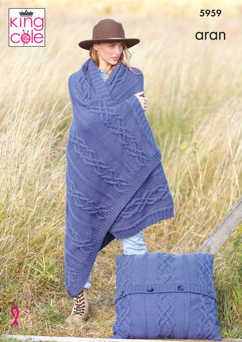 King Cole 5959 Aran Knitting Pattern - Blanket, Floor Cushion & Bed Runner