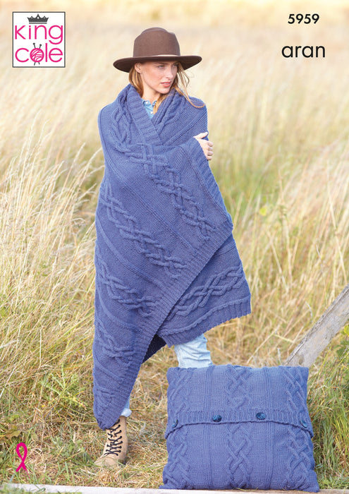 King Cole 5959 Aran Knitting Pattern - Blanket, Floor Cushion & Bed Runner
