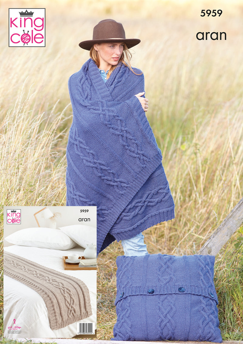 King Cole 5959 Aran Knitting Pattern - Blanket, Floor Cushion & Bed Runner