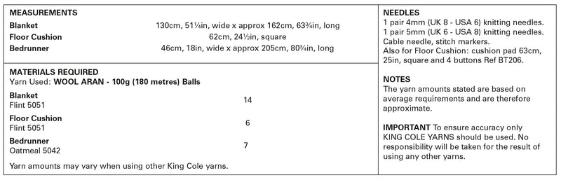 King Cole 5959 Aran Knitting Pattern - Blanket, Floor Cushion & Bed Runner