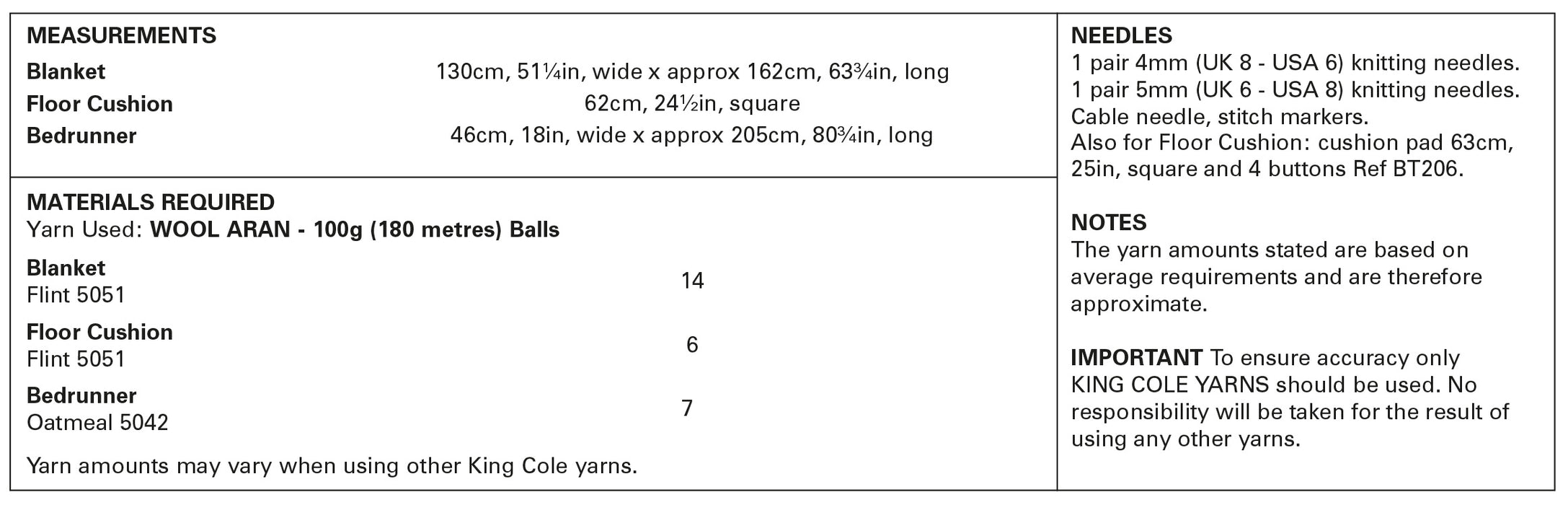 King Cole 5959 Aran Knitting Pattern - Blanket, Floor Cushion & Bed Runner