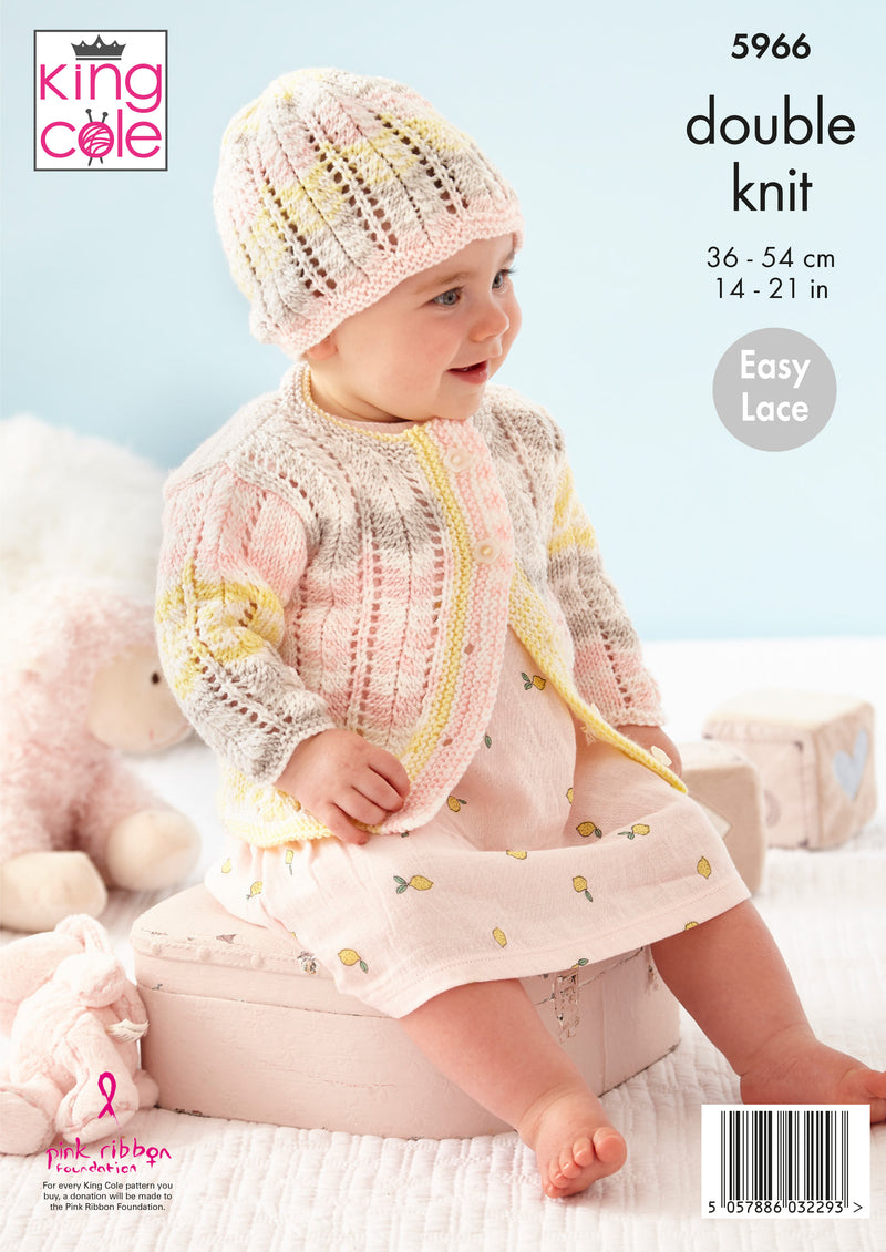 King Cole 5966 DK Knitting Pattern - Easy Lace Baby Cardigan, Pinafore Dress, Hat & Bootees (0 to 18 mnths)