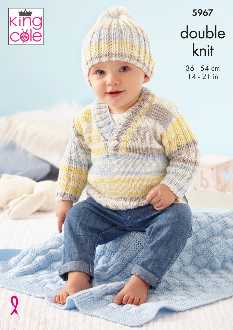 King Cole 5967 Double Knitting Pattern - Baby DK Sweater, Cardigan, Hat & Blanket (0 to 18 mnths)