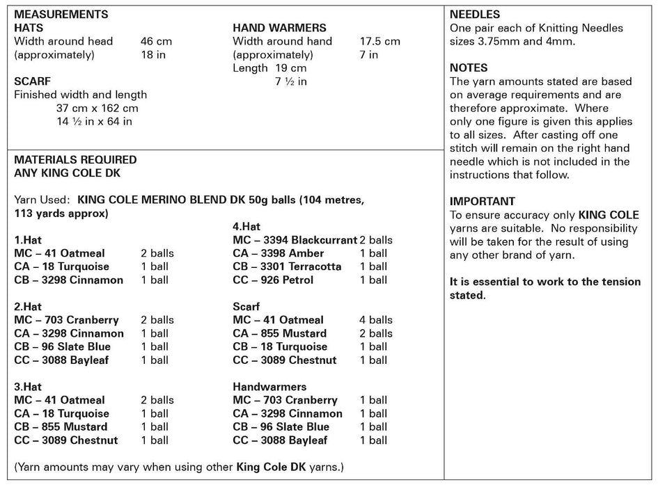 King Cole 5968 Double Knitting Apparel Accessories Pattern - Ladies Scarf, Hats & Handwarmers DK