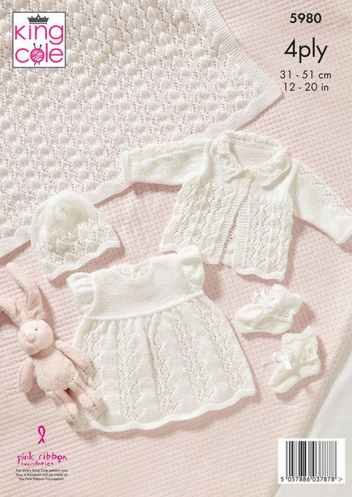 King Cole 5980 Baby Knitting Pattern - 4Ply Baby Shawl, Matinee Coat, Dress, Hat & Bootees (Prem - 12mnths)