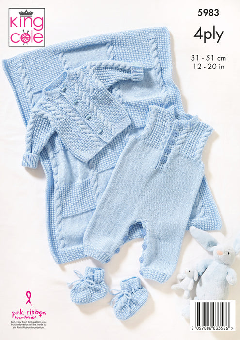 King Cole 5983 Knitting Pattern - Baby Jacket, Dungarees, Bootees & Blanket Knitted 4Ply (Prem-12mnth)