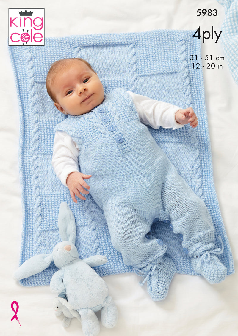 King Cole 5983 Knitting Pattern - Baby Jacket, Dungarees, Bootees & Blanket Knitted 4Ply (Prem-12mnth)