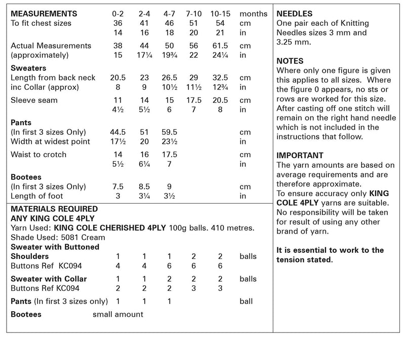 King Cole 5985 4Ply Knitting Pattern - Baby Sweaters, Pants & Bootees (0 to 15 mnths)