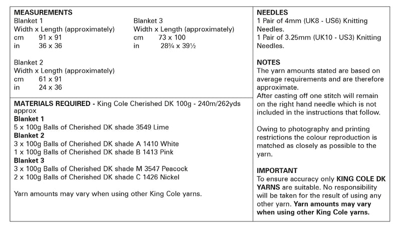 King Cole 6002 Double Knitting Pattern - Baby Blankets - 3 Designs