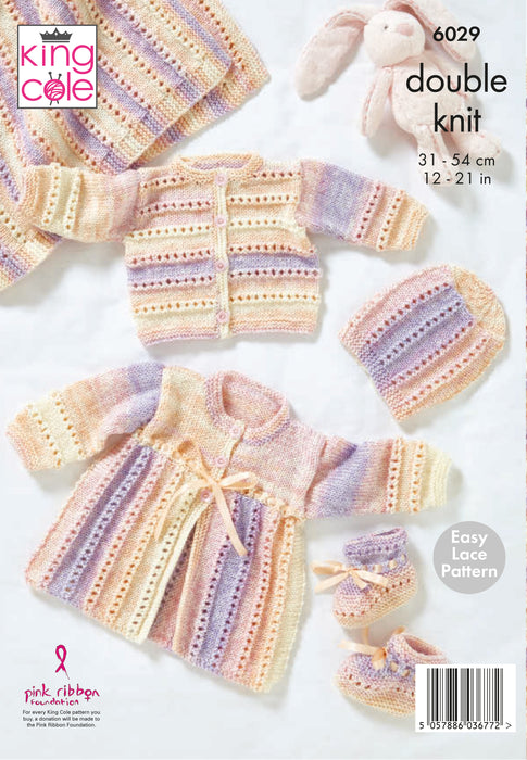 King Cole 6029 Double Knitting Pattern - Easy Lace - DK Baby Cardigan, Matinee Coat, Hat, Booties & Blanket