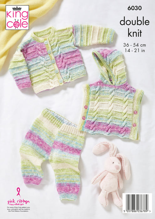 King Cole 6030 Double Knitting Pattern - DK Baby Hoody, Cardigan & Leggings (0 - 2 Yrs)