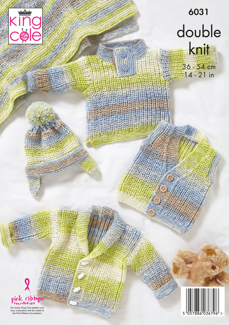 King Cole 6031 DK Baby Knitting Pattern - Jacket, Gilet, Sweater, Hat & Blanket (0 - 2 Yrs)