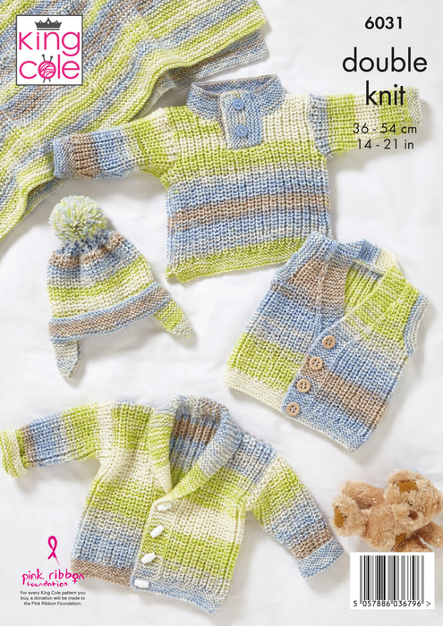 King Cole 6031 Double Knitting Pattern - DK Baby Jacket, Gilet, Sweater, Hat & Blanket (0 - 2 Yrs)