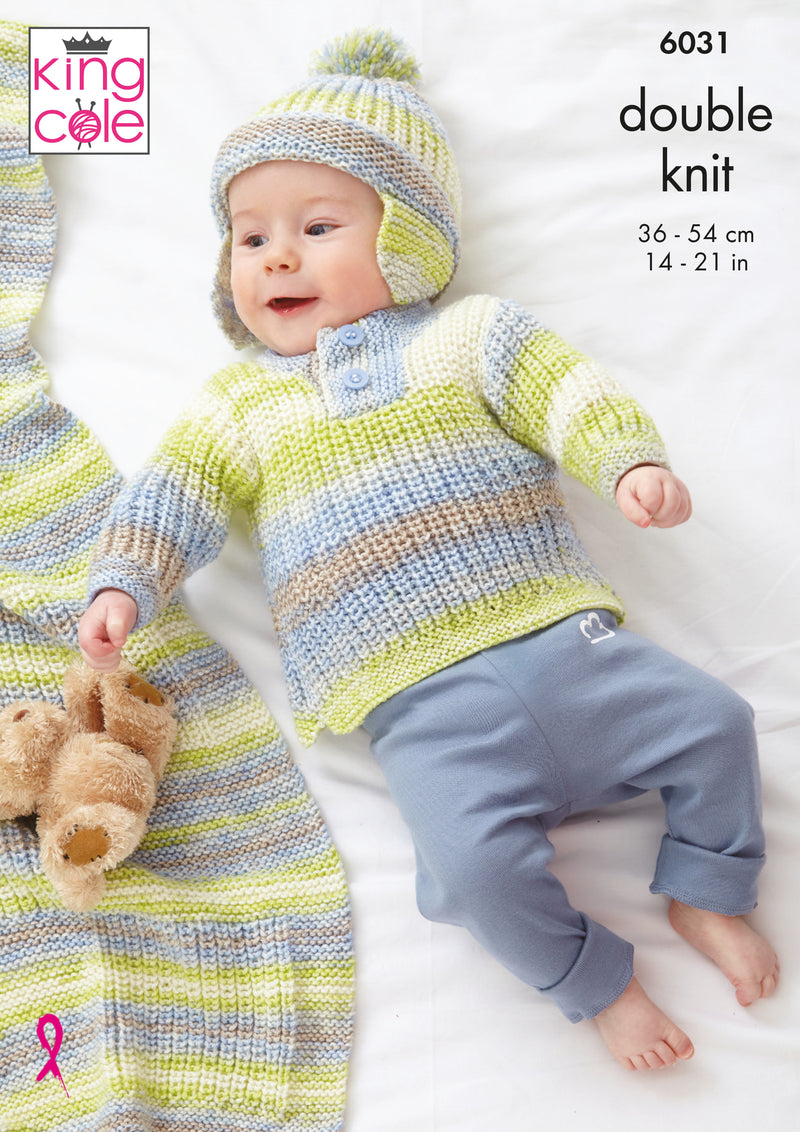 King Cole 6031 DK Baby Knitting Pattern - Jacket, Gilet, Sweater, Hat & Blanket (0 - 2 Yrs)