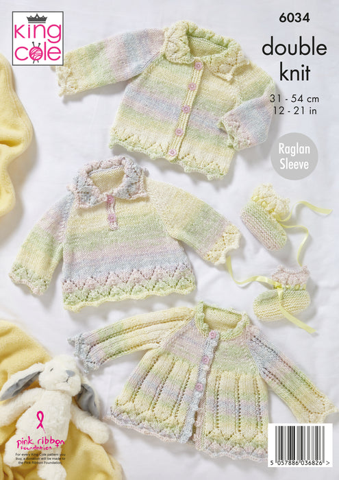 King Cole 6034 Double Knitting Pattern - DK Baby Overtop, Cardigan, Matinee Jacket & Bootees (Prem - 2 yrs)