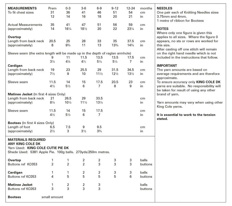 King Cole 6034 Double Knitting Pattern - DK Baby Overtop, Cardigan, Matinee Jacket & Bootees