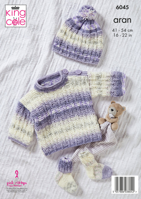 King Cole 6045 Aran Baby Knitting Pattern - Jacket, Top, Hat, Socks and Blanket (3 mnths - 3 Yrs)