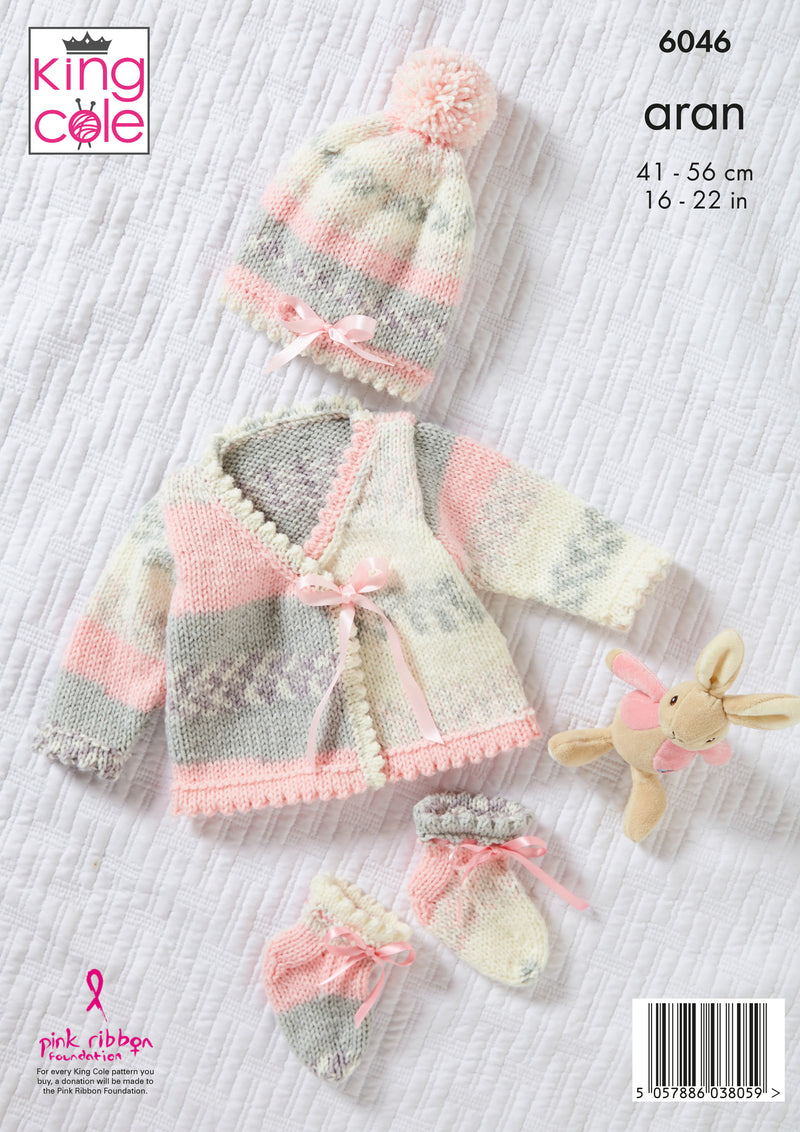 King Cole 6046 Aran Baby Knitting Pattern - Pinafore Dress, Cardigan, Hat & Slipper Socks (3 mnths - 3 Yrs)