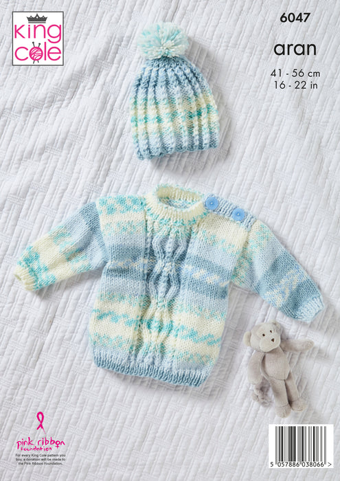 King Cole 6047 Aran Baby Knitting Pattern - Top, Sweater, Hat and Blanket (3 mnths - 3 Yrs)