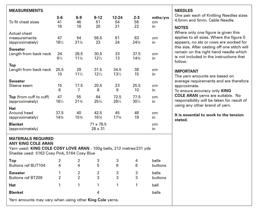 King Cole 6047 Aran Baby Knitting Pattern - Top, Sweater, Hat and Blanket (3 mnths - 3 Yrs)