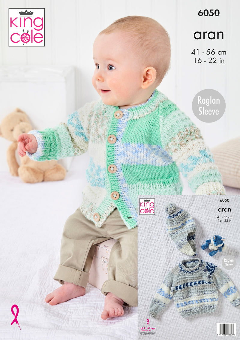 King Cole 6050 Aran Baby Knitting Pattern - Sweater, Jacket, & Hat (3 mnths - 4 Yrs)