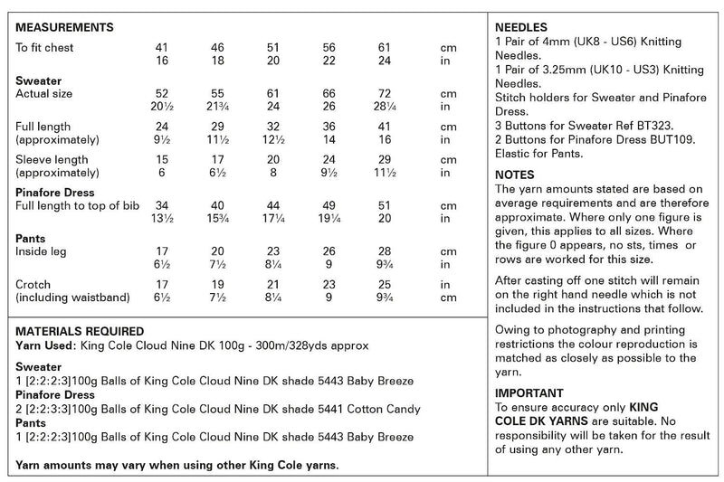 King Cole 6057 Double Knitting Pattern - Baby Sweater, Pinafore Dress & Pants (16 - 24in)