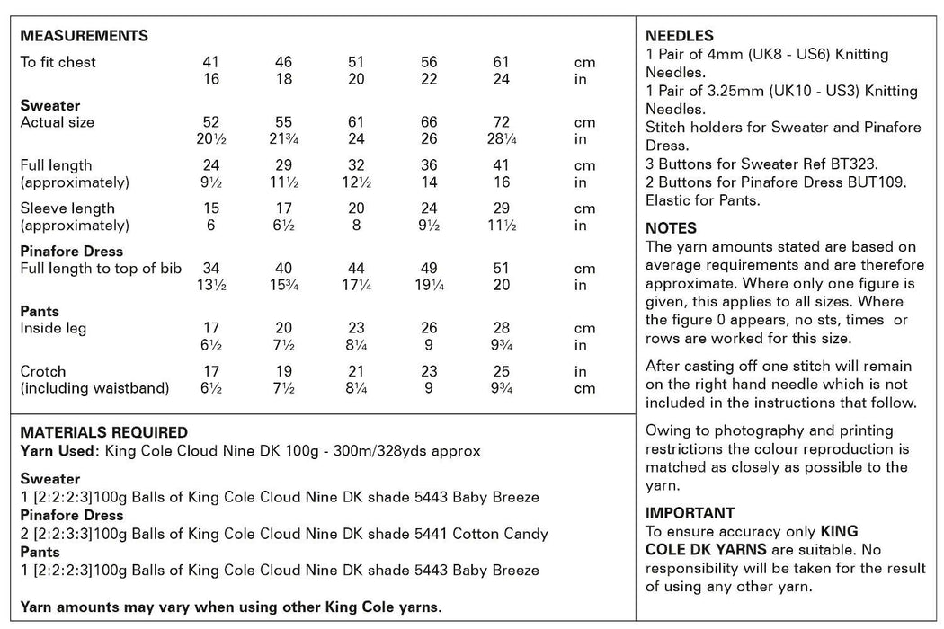King Cole 6057 Double Knitting Pattern - Baby Sweater, Pinafore Dress & Pants (16 - 24in)