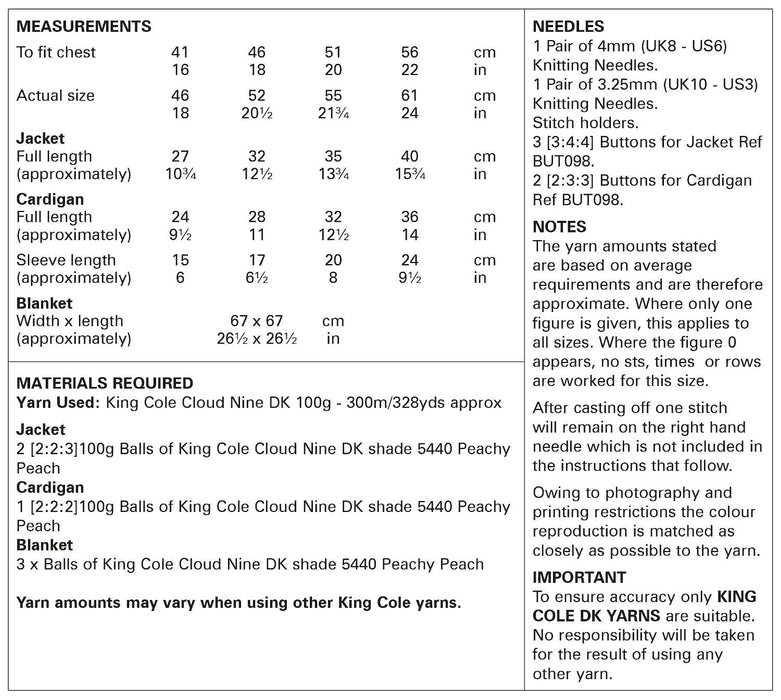 King Cole 6060 Double Knitting Pattern - Baby Jacket, Cardigan & Blanket (16 - 22in)