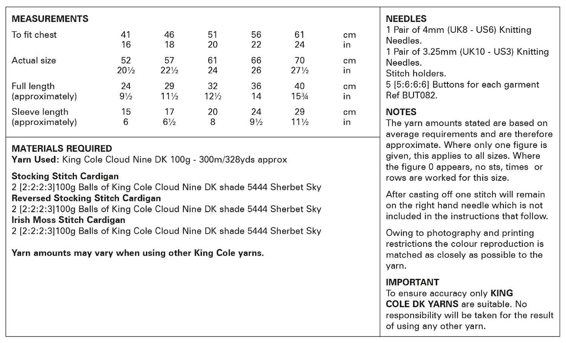 King Cole 6061 Double Knitting Pattern - DK Baby Cardigans (16-24in)