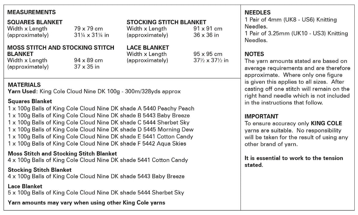 King Cole 6062 Double Knitting Pattern - DK Baby Blankets