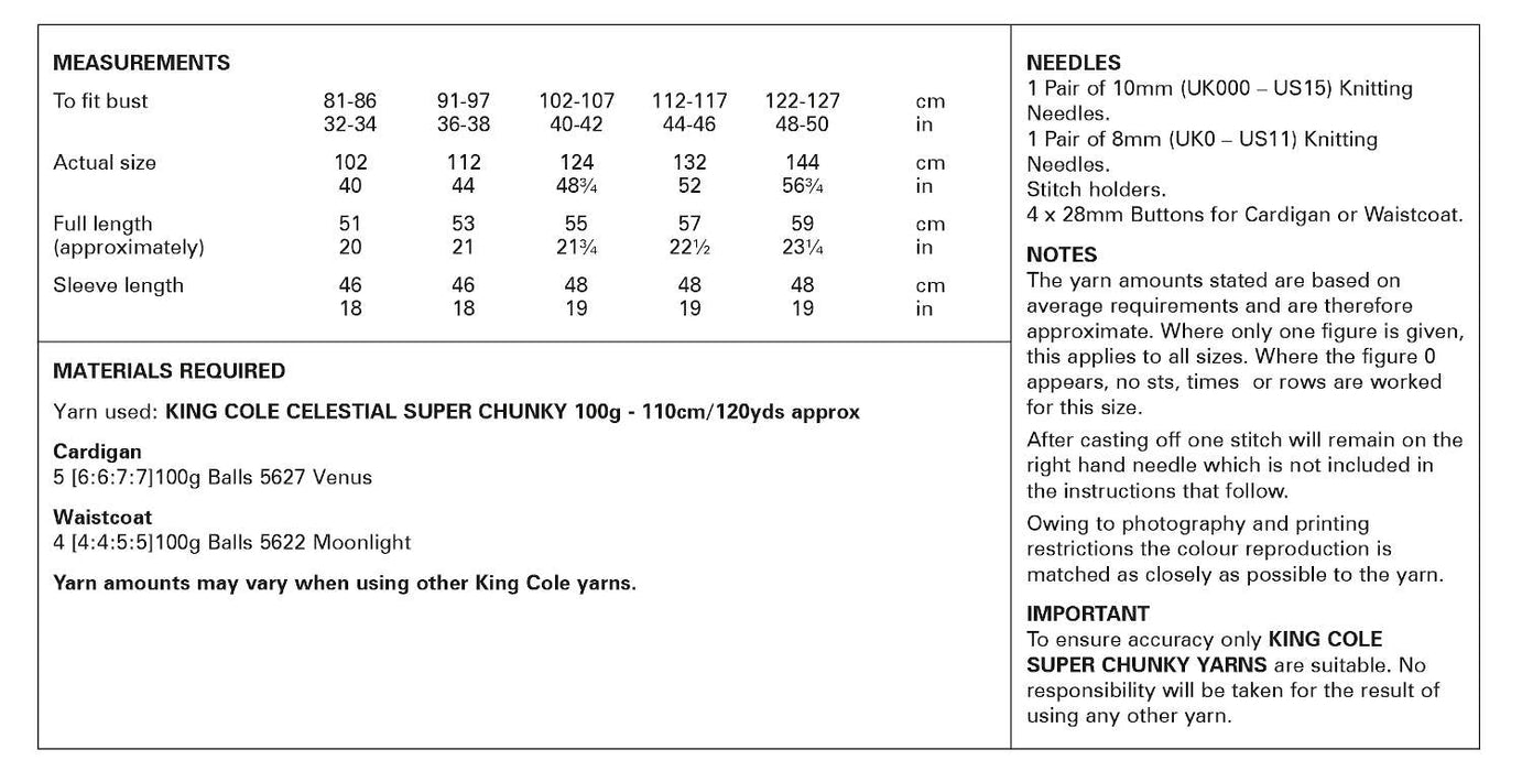 King Cole 6065 Knitting Pattern for Easy Knit Super Chunky Ladies Cardigan & Waistcoat (32-50in)