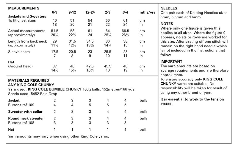 King Cole 6083 Chunky Knitting Pattern - Jacket, Sweaters & Hat for Children (6mnths to 4 years)