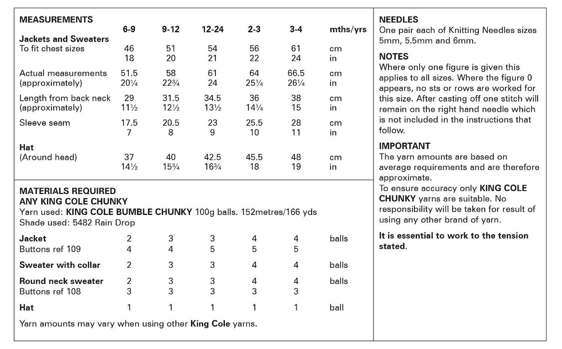 King Cole 6083 Chunky Knitting Pattern - Jacket, Sweaters & Hat for Children (6mnths to 4 years)