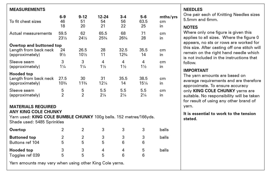 King Cole 6086 Chunky Knitting Pattern - Tops for Children (6mnths to 6 years)