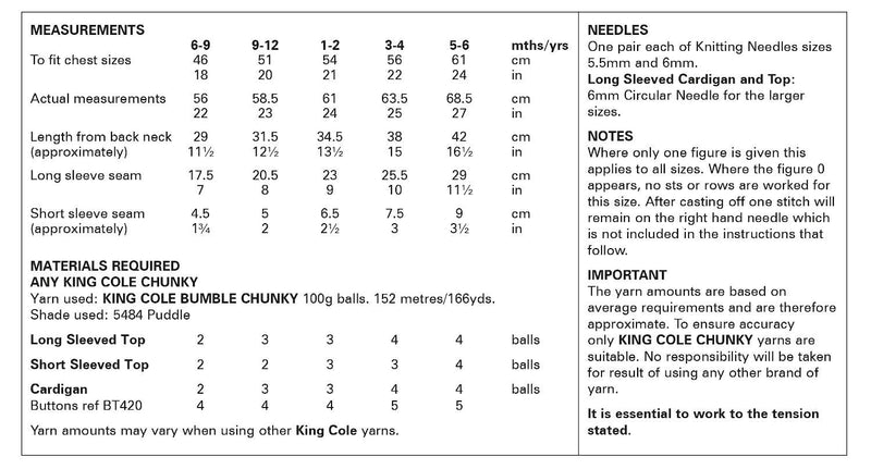 King Cole 6088 Chunky Knitting Pattern - Tops & Cardigan for Children (6mnths to 6 years)