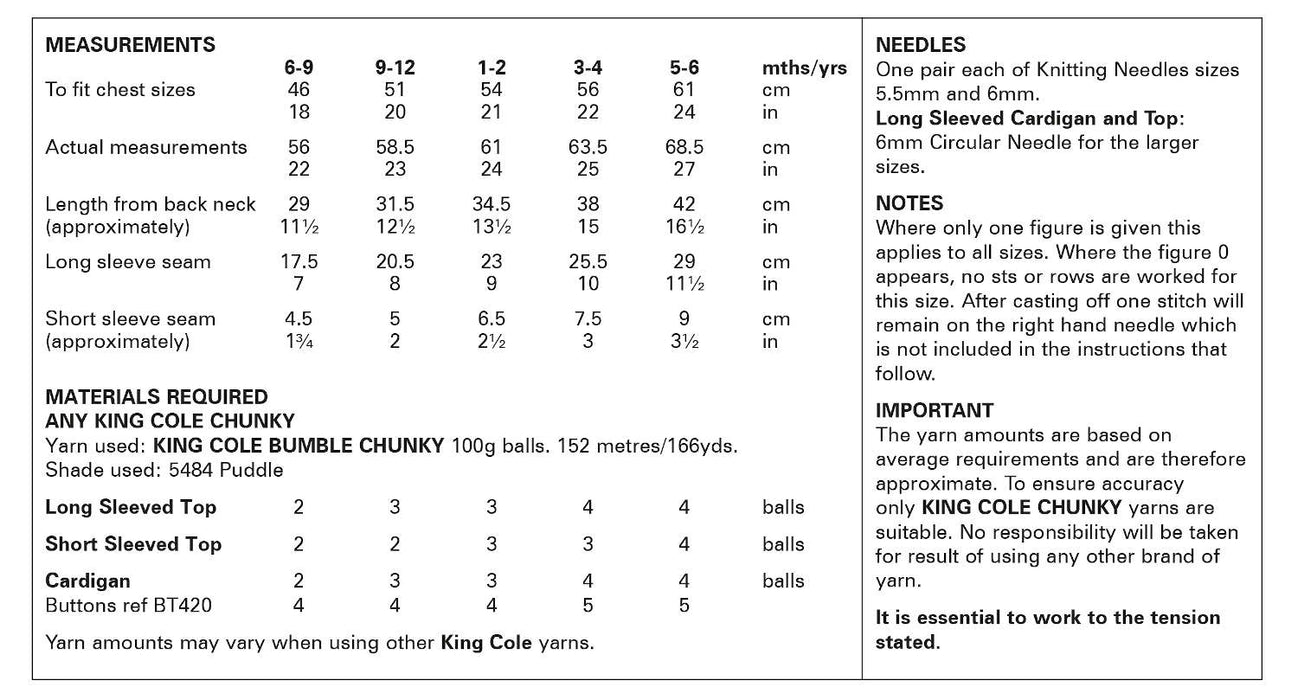 King Cole 6088 Chunky Knitting Pattern - Tops & Cardigan for Children (6mnths to 6 years)