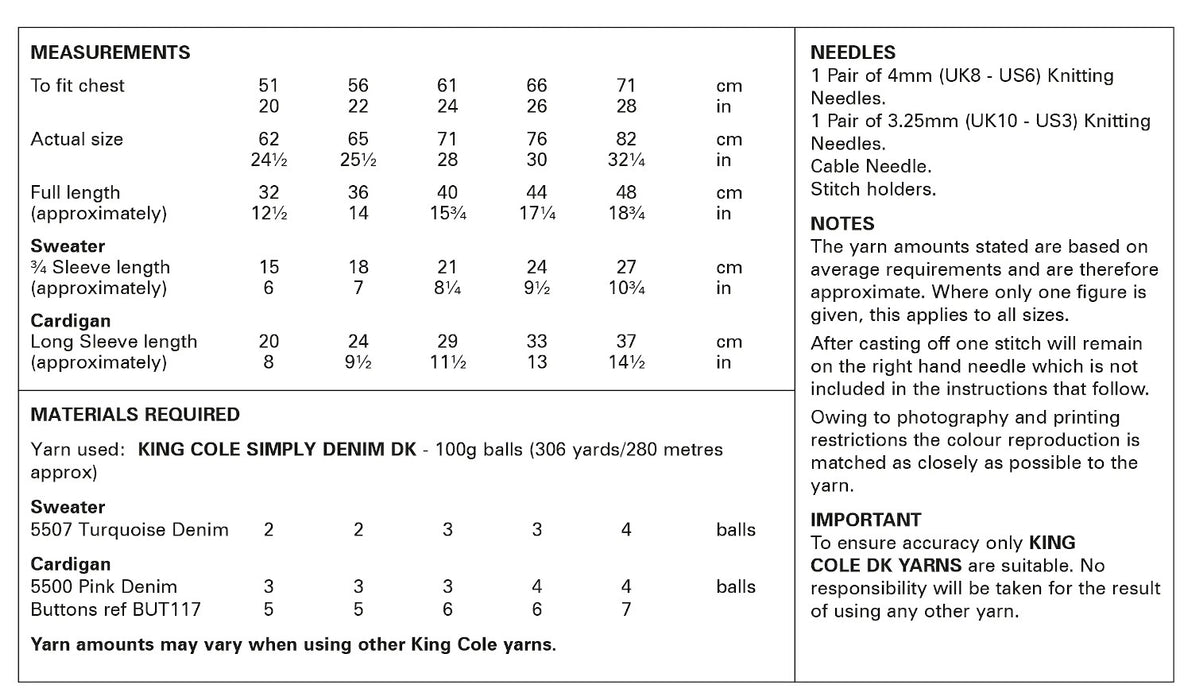 King Cole 6154 Double Knitting Pattern - Children's DK Sweater & Cardigan (20-28in)