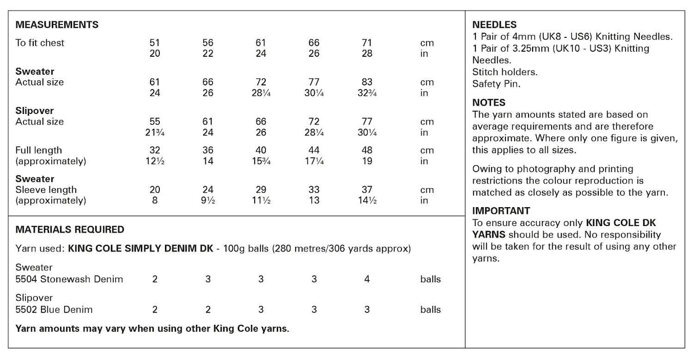 King Cole 6155 Double Knitting Pattern - Children's Sweater & Slipover (20-28in)